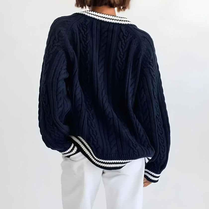 Lieke | Women's Oversized Cable-Knit V-Neck Pullover Sweater with Striped for Layering