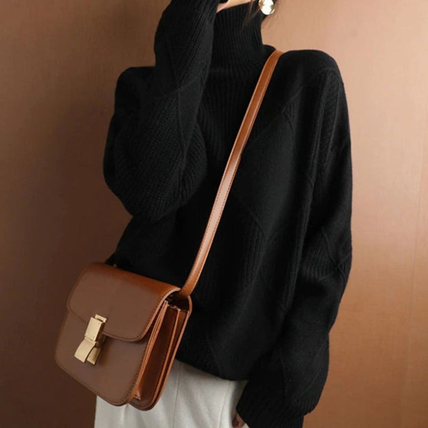 Turtleneck Sweater Oversized Diamond Ribbed Knit Pullover Jumper | Runa