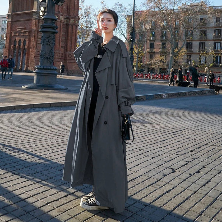 Trench Coat Women Oversized Double-Breasted Long Belted