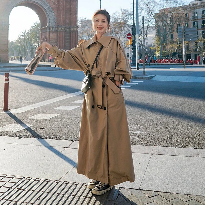 Trench Coat Women Oversized Double-Breasted Long Belted