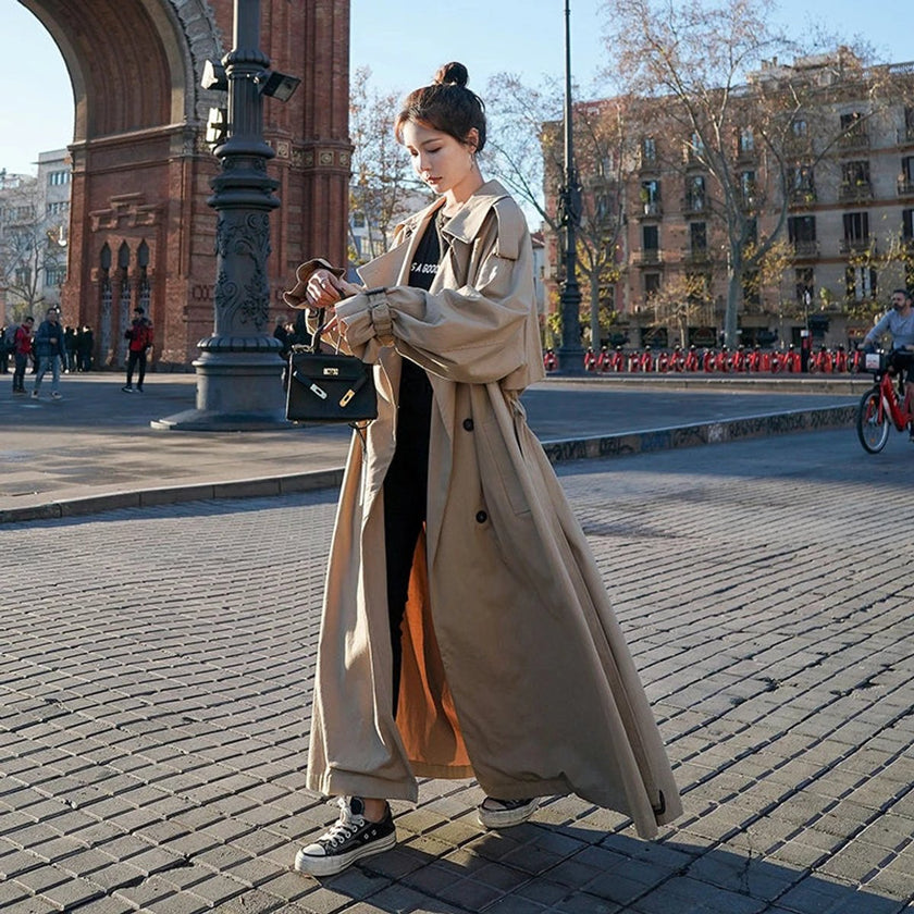 Trench Coat Women Oversized Double-Breasted Long Belted