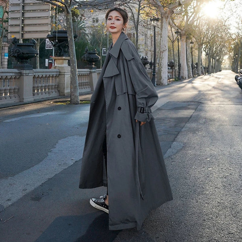 Trench Coat Women Oversized Double-Breasted Long Belted