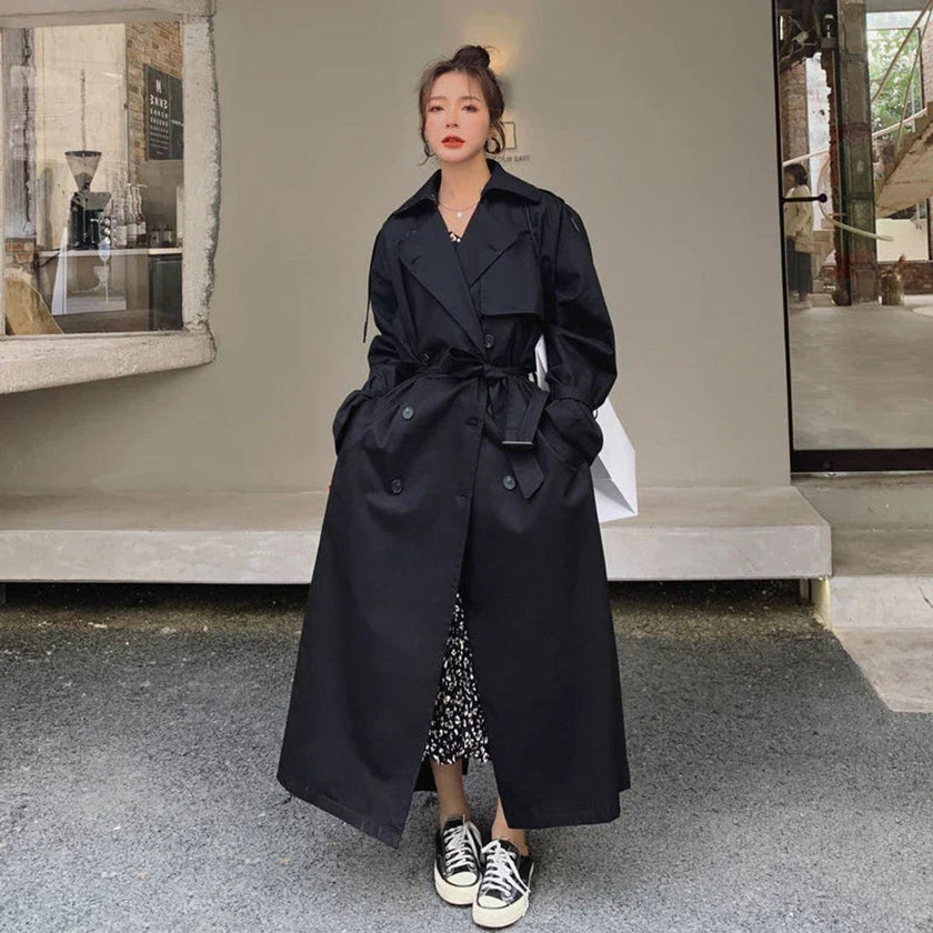 Trench Coat Women Oversized Double-Breasted Long Belted