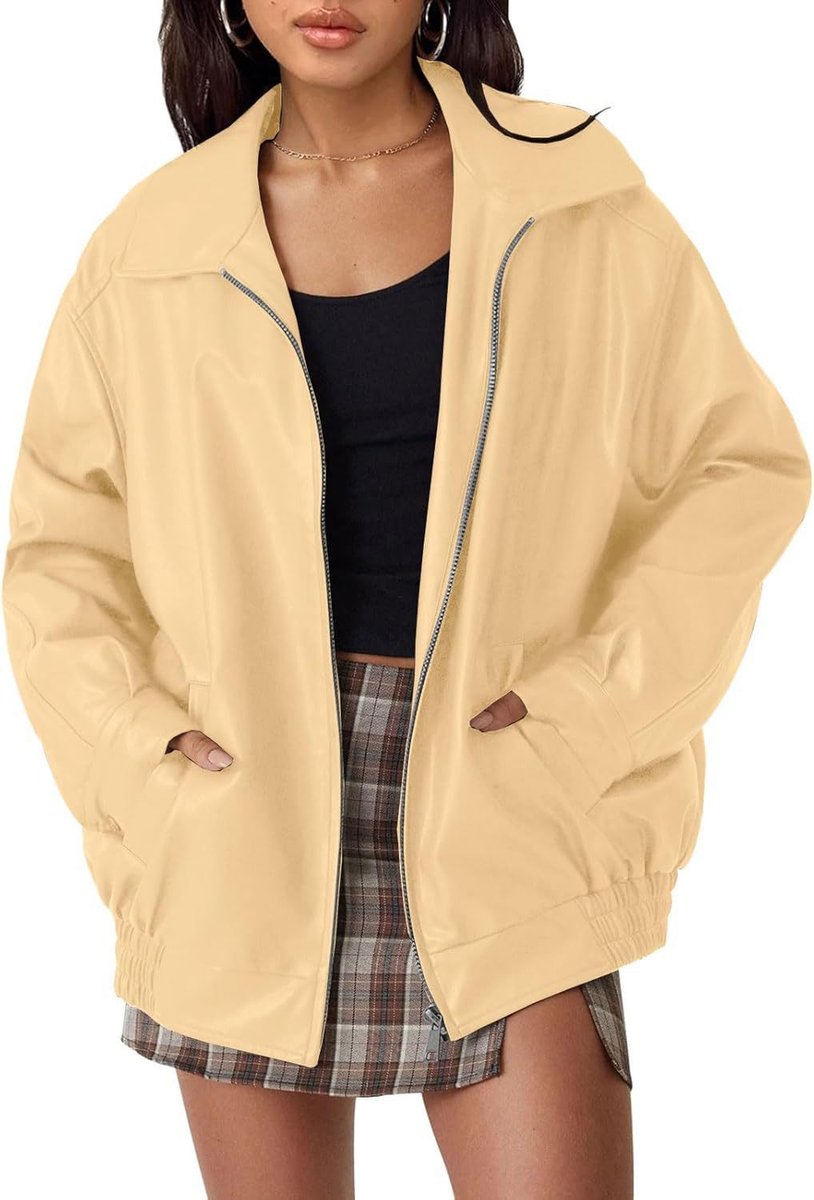 Faux Leather Bomber Jacket Women Oversized Zip-Up Spread Collar