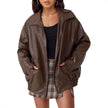 Faux Leather Bomber Jacket Women Oversized Zip-Up Spread Collar