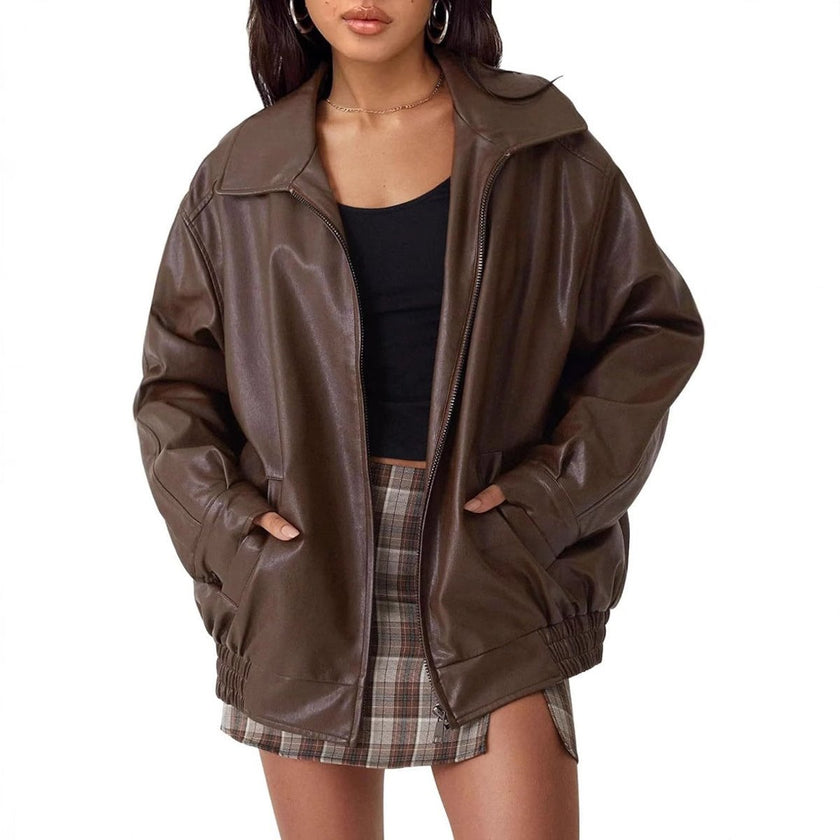 Faux Leather Bomber Jacket Women Oversized Zip-Up Spread Collar