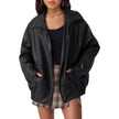 Faux Leather Bomber Jacket Women Oversized Zip-Up Spread Collar