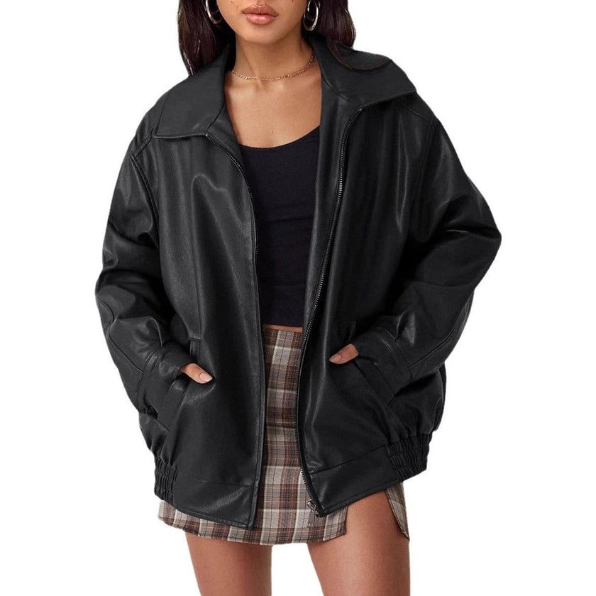 Faux Leather Bomber Jacket Women Oversized Zip-Up Spread Collar