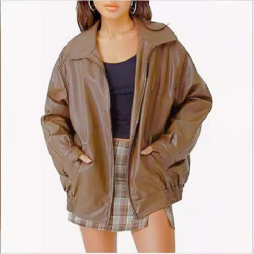 Faux Leather Bomber Jacket Women Oversized Zip-Up Spread Collar