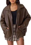 Faux Leather Bomber Jacket Women Oversized Zip-Up Spread Collar