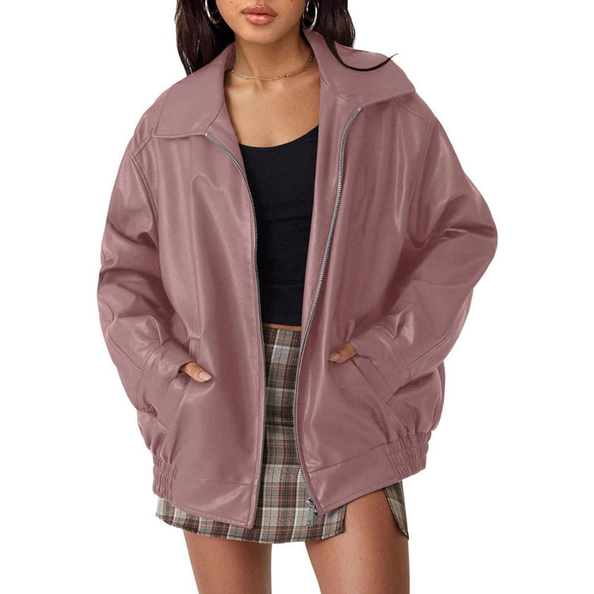 Faux Leather Bomber Jacket Women Oversized Zip-Up Spread Collar