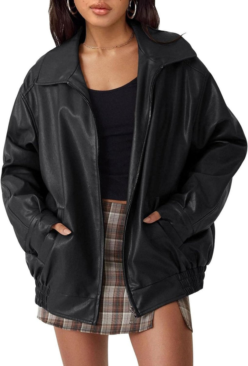 Faux Leather Bomber Jacket Women Oversized Zip-Up Spread Collar