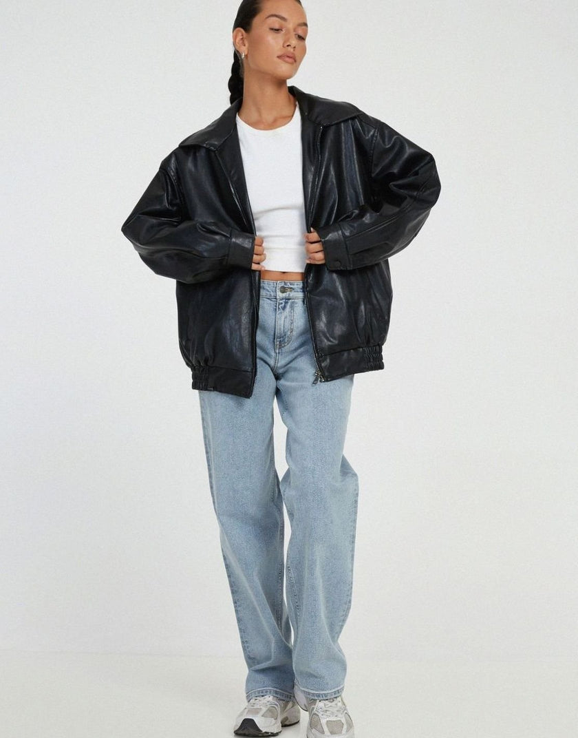 Vigdis | Women's Oversized Zip-Up Leather Bomber Jacket