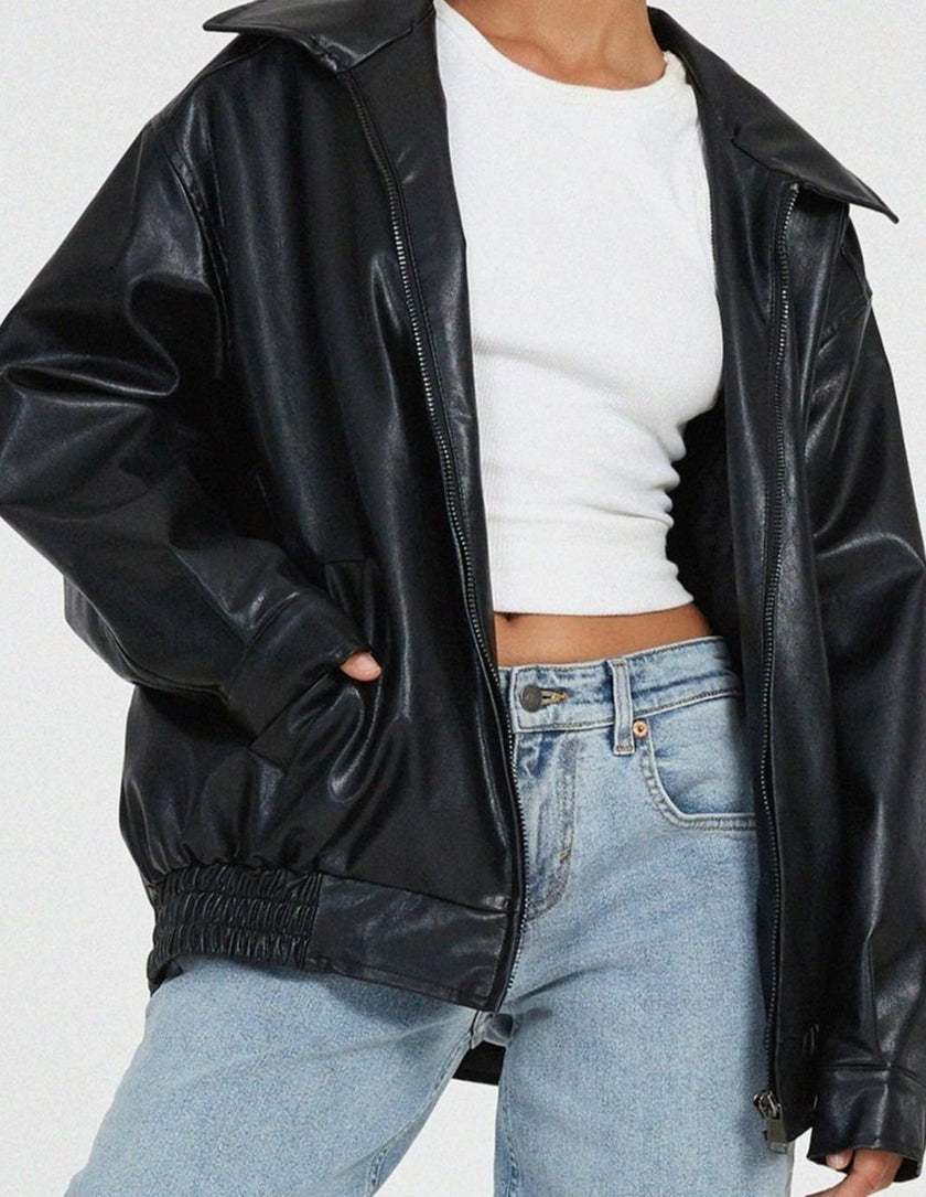 Vigdis | Women's Oversized Zip-Up Leather Bomber Jacket