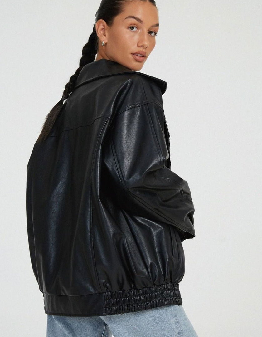 Vigdis | Women's Oversized Zip-Up Leather Bomber Jacket