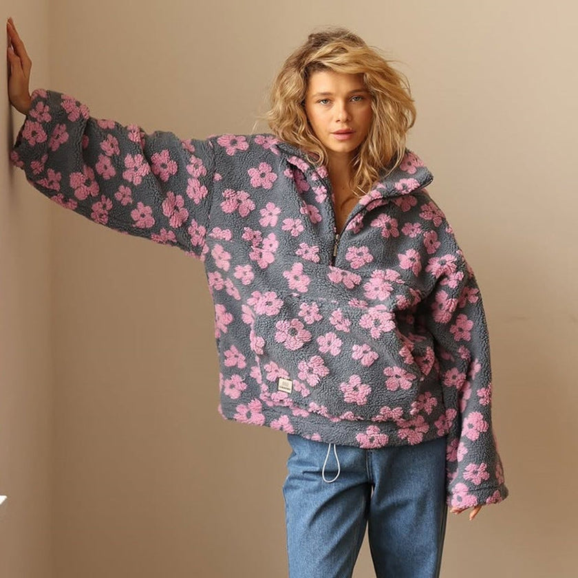 Layla | Women's Oversized Floral Sherpa Fleece Half-Zip Pullover Sweater with Wrap for Layering