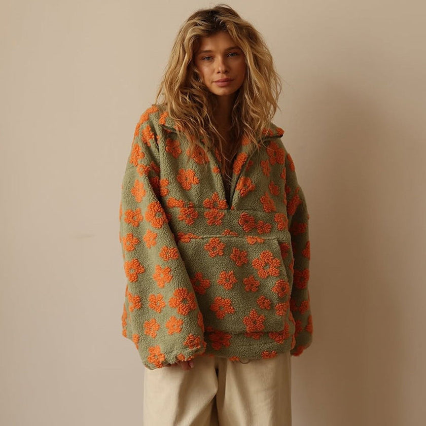 Layla | Women's Oversized Floral Sherpa Fleece Half-Zip Pullover Sweater with Wrap for Layering