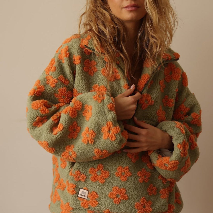 Layla | Women's Oversized Floral Sherpa Fleece Half-Zip Pullover Sweater with Wrap for Layering