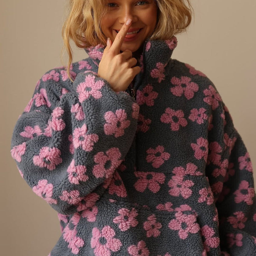 Layla | Women's Oversized Floral Sherpa Fleece Half-Zip Pullover Sweater with Wrap for Layering