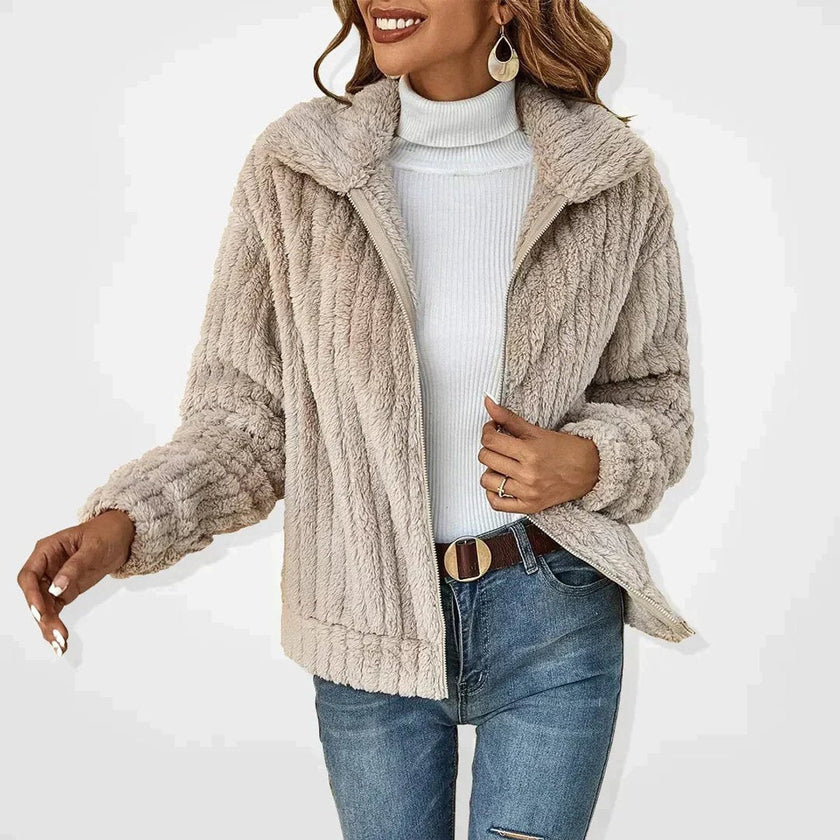 Olivia | Women's Oversized Fluffy Zip-Up Sherpa Cardigan Jacket with Checked for Winter