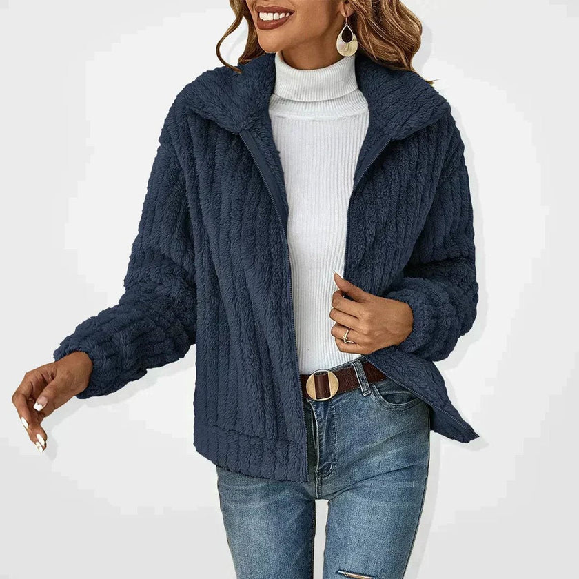 Olivia | Women's Oversized Fluffy Zip-Up Sherpa Cardigan Jacket with Checked for Winter