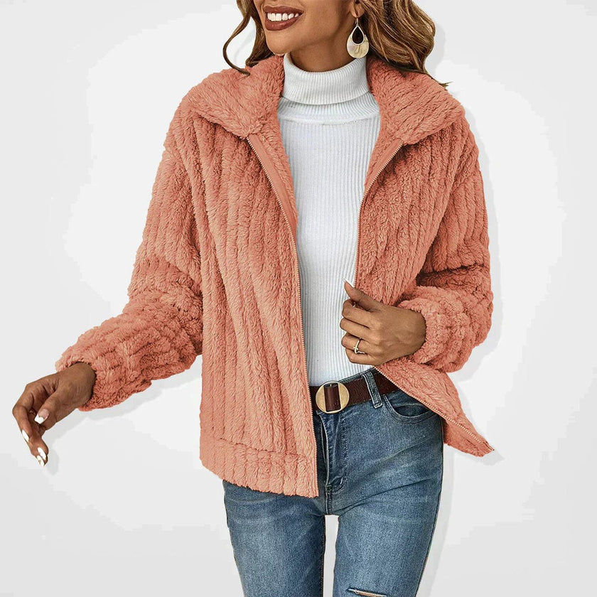 Olivia | Women's Oversized Fluffy Zip-Up Sherpa Cardigan Jacket with Checked for Winter