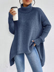 Jinte | Women's Oversized Long Ribbed Turtleneck Sweater Asymmetric Hem for Winter