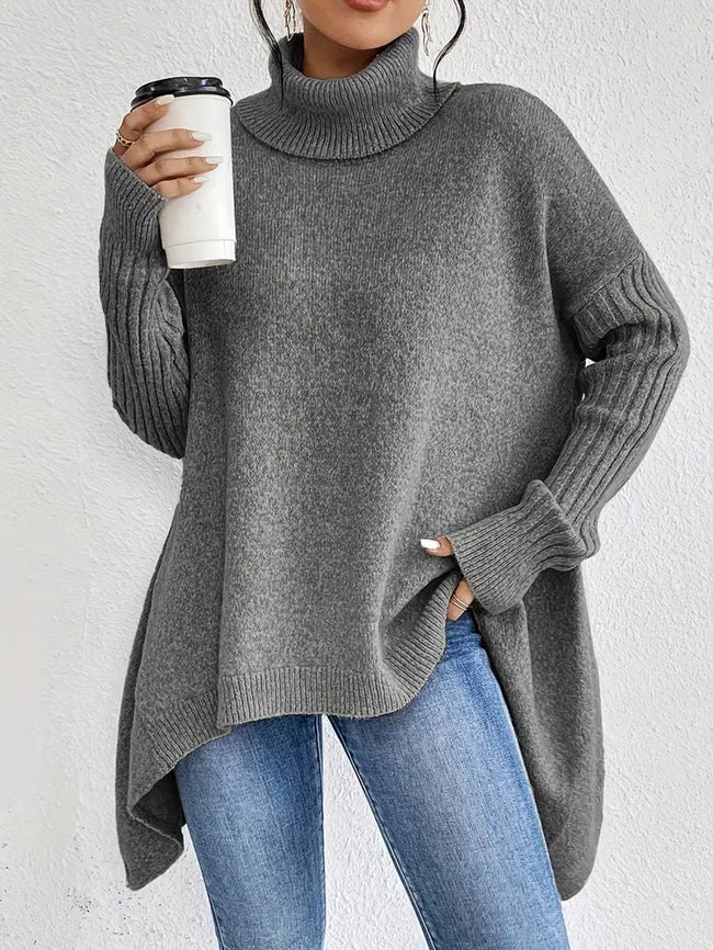 Jinte | Women's Oversized Long Ribbed Turtleneck Sweater Asymmetric Hem for Winter