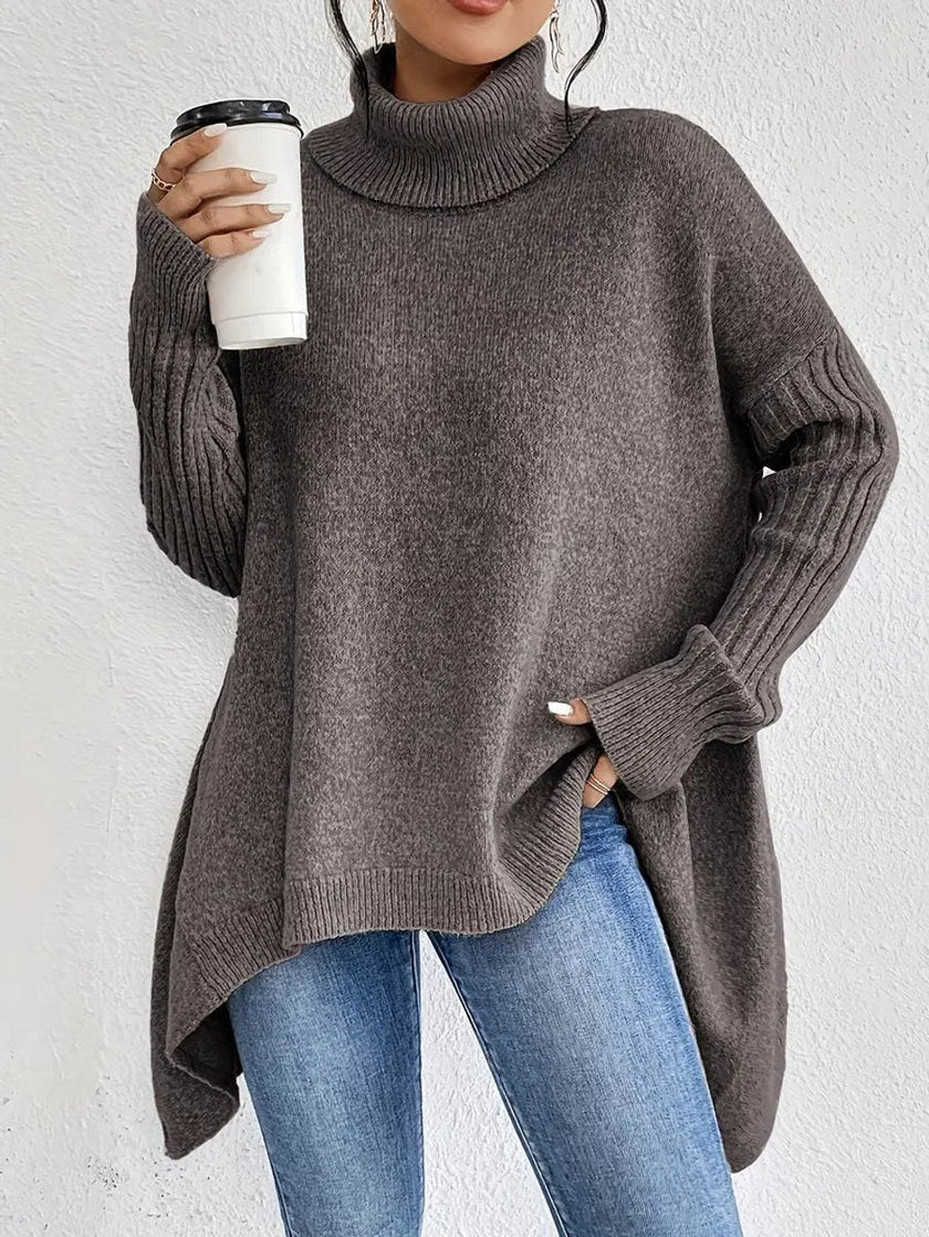 Jinte | Women's Oversized Long Ribbed Turtleneck Sweater Asymmetric Hem for Winter
