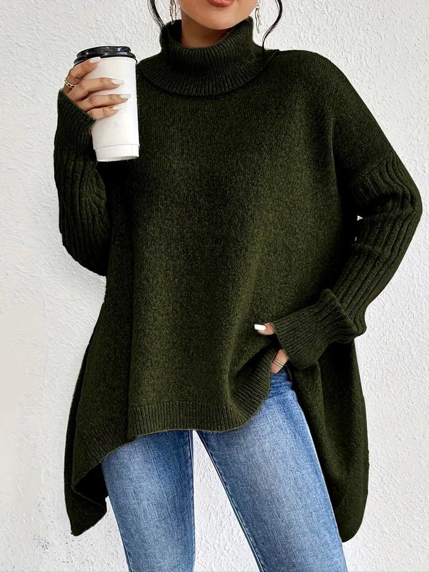 Jinte | Women's Oversized Long Ribbed Turtleneck Sweater Asymmetric Hem for Winter