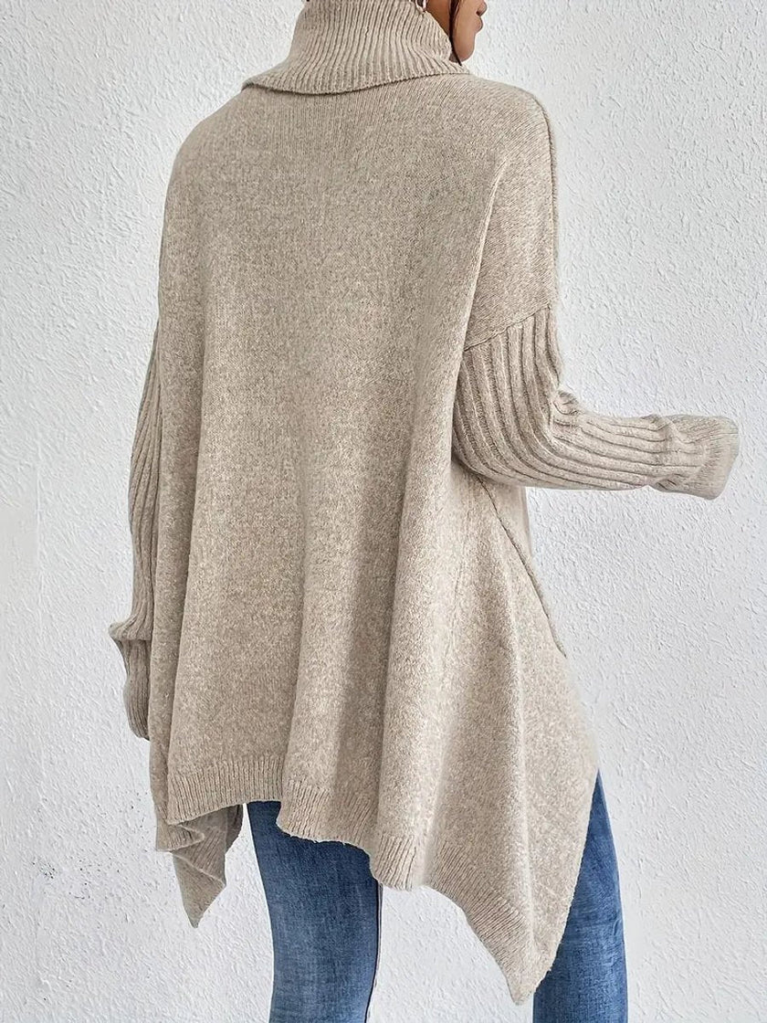 Jinte | Women's Oversized Long Ribbed Turtleneck Sweater Asymmetric Hem for Winter