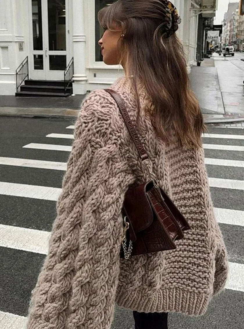 Silke | Women's Oversized Loose Cable-Knit Wide-Sleeve Pullover Sweater with Wrap for Autumn