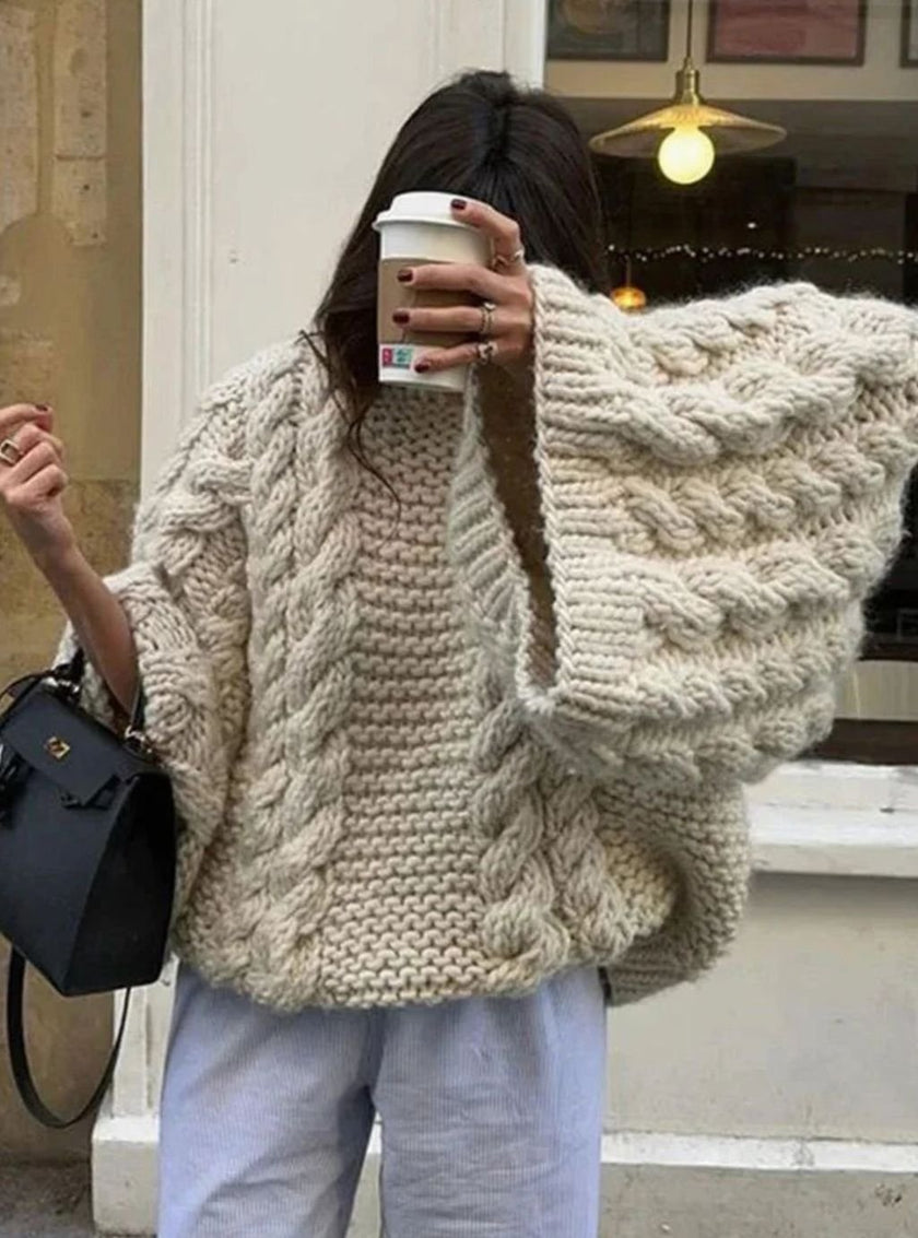 Silke | Women's Oversized Loose Cable-Knit Wide-Sleeve Pullover Sweater with Wrap for Autumn