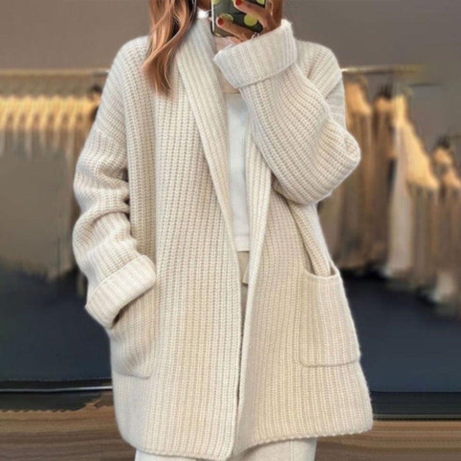 Oversized Cardigan Open Front Scarf Collar Patch Pocket Knit Cardigan Sweater | Hannah