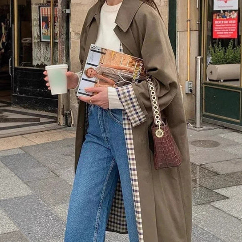 Trench Coat Women Oversized Plaid-Lined Long Cotton Blend