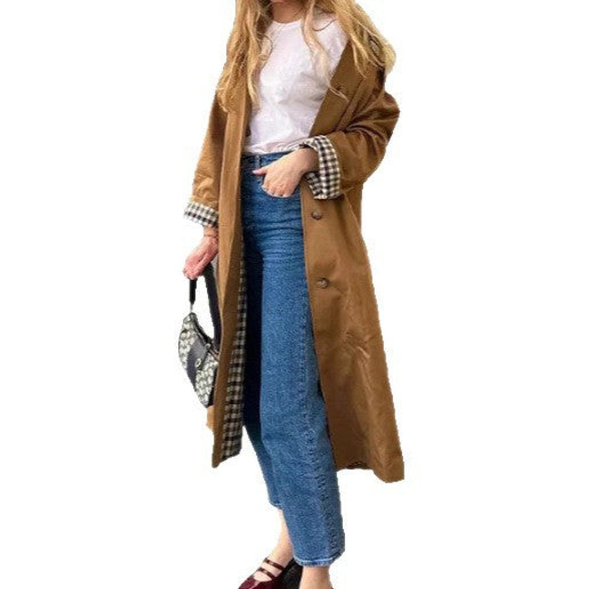 Trench Coat Women Oversized Plaid-Lined Long Cotton Blend