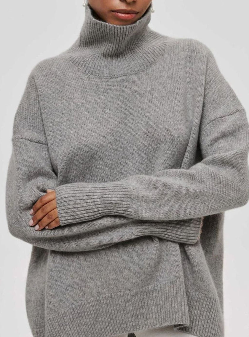 Maud | Women's Oversized Turtleneck Cardigan Sweater Elbow Slit Ribbed Knit for Layering