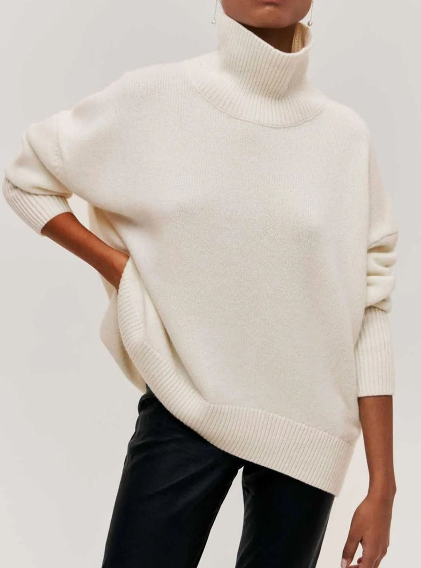 Maud | Women's Oversized Turtleneck Cardigan Sweater Elbow Slit Ribbed Knit for Layering