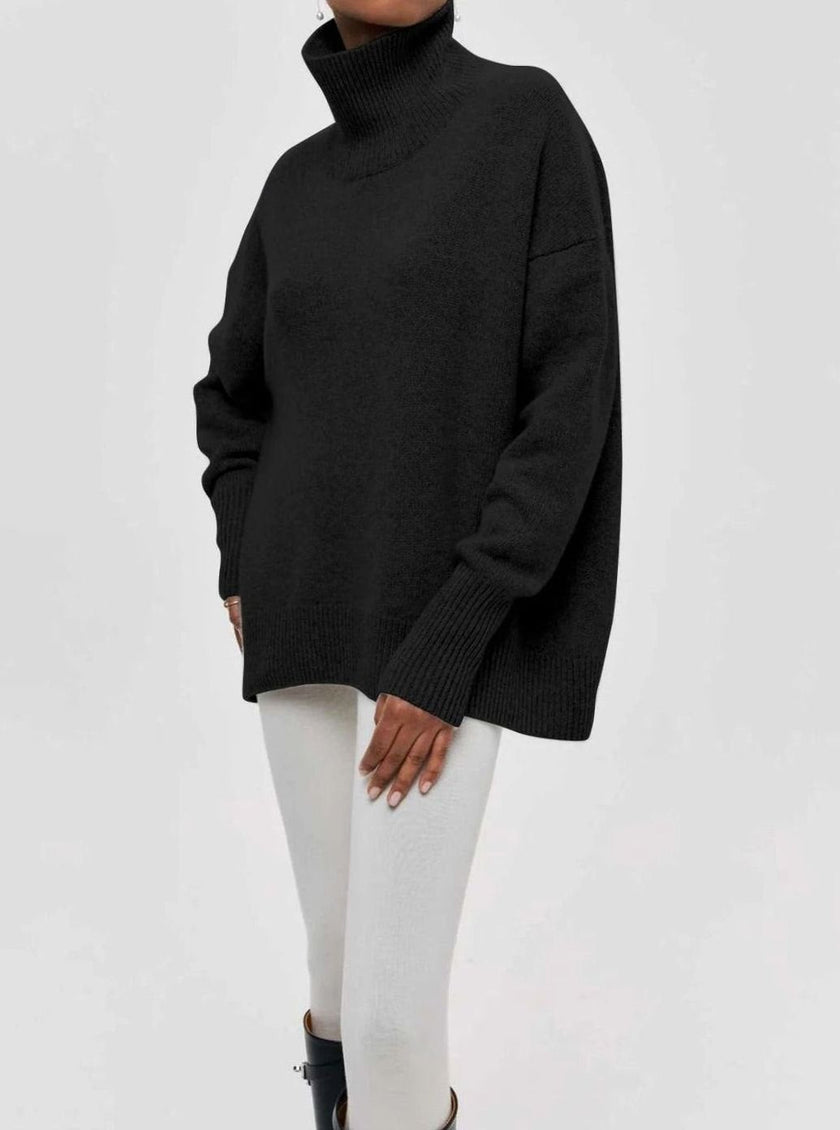 Maud | Women's Oversized Turtleneck Cardigan Sweater Elbow Slit Ribbed Knit for Layering