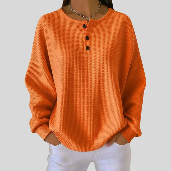 Charlotte | Women's Oversized Waffle Knit Sweater Henley Long Sleeve Top with Button-Front for Autumn