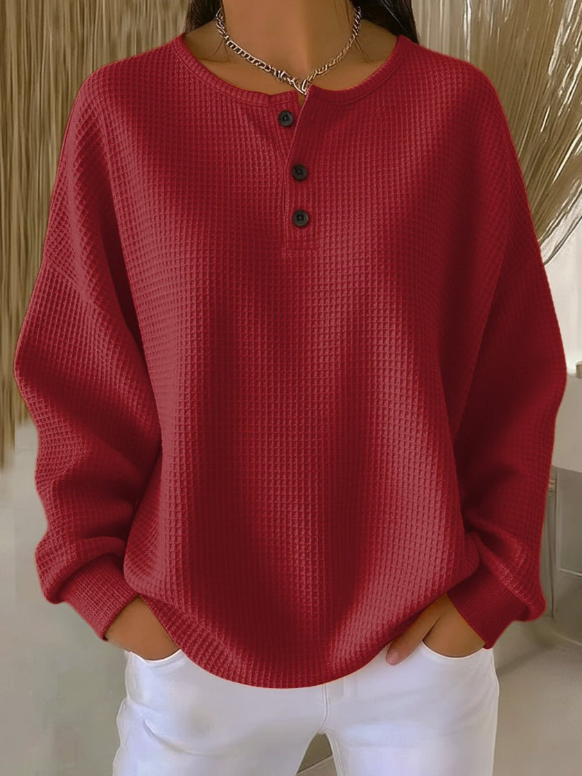 Charlotte | Women's Oversized Waffle Knit Sweater Henley Long Sleeve Top with Button-Front for Autumn