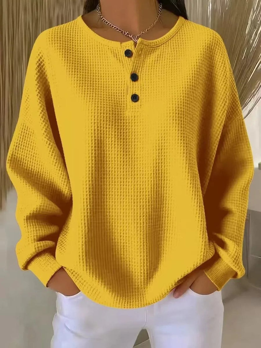 Charlotte | Women's Oversized Waffle Knit Sweater Henley Long Sleeve Top with Button-Front for Autumn