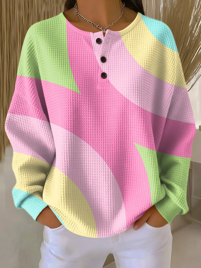Sophia | Women's Pastel Colour-Block Waffle-Knit Henley Pullover Sweater with Fleece for Winter
