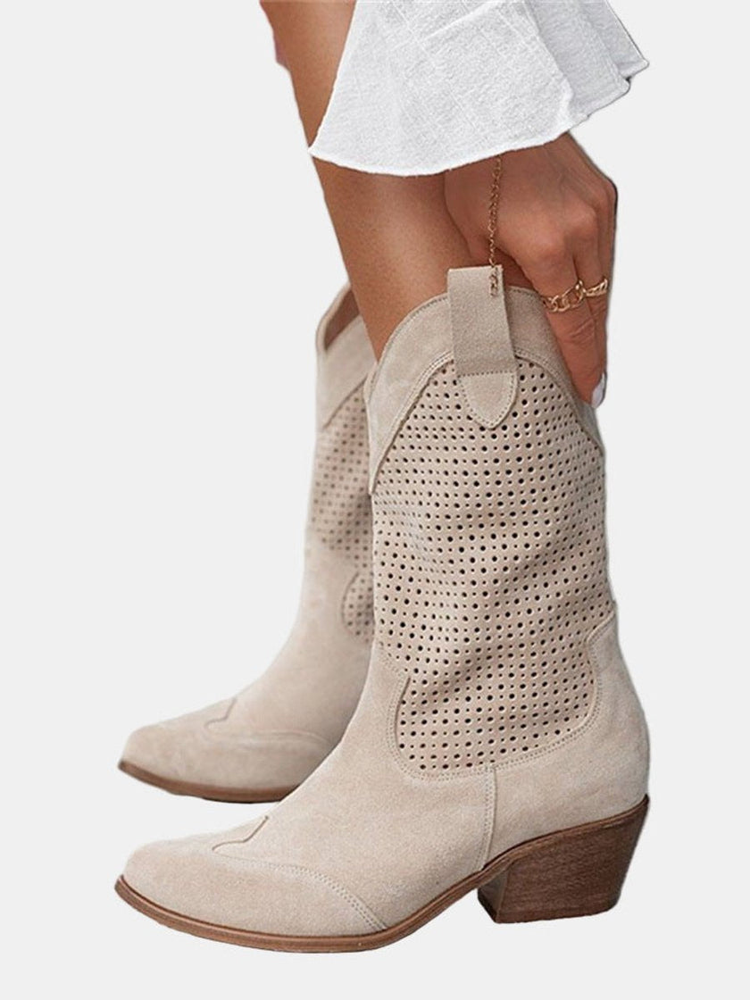 Amelia | Women's Perforated Suede Mid-Calf Knee High Boots Block Heel