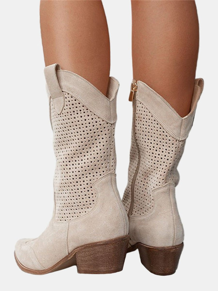 Amelia | Women's Perforated Suede Mid-Calf Knee High Boots Block Heel