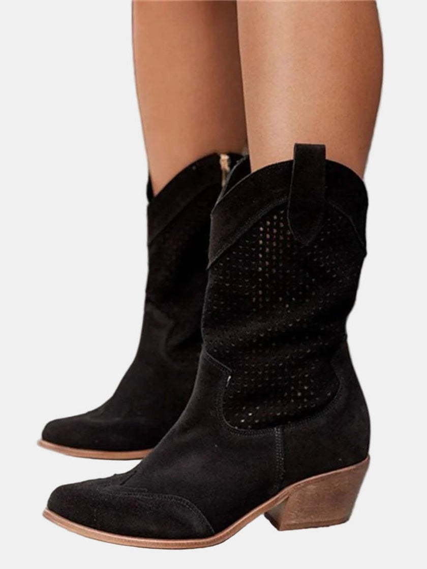 Amelia | Women's Perforated Suede Mid-Calf Knee High Boots Block Heel