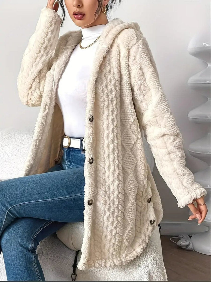 Lily | Women's Plush Hooded Button-Front Oversized Cardigan with Cable-Knit for Layering
