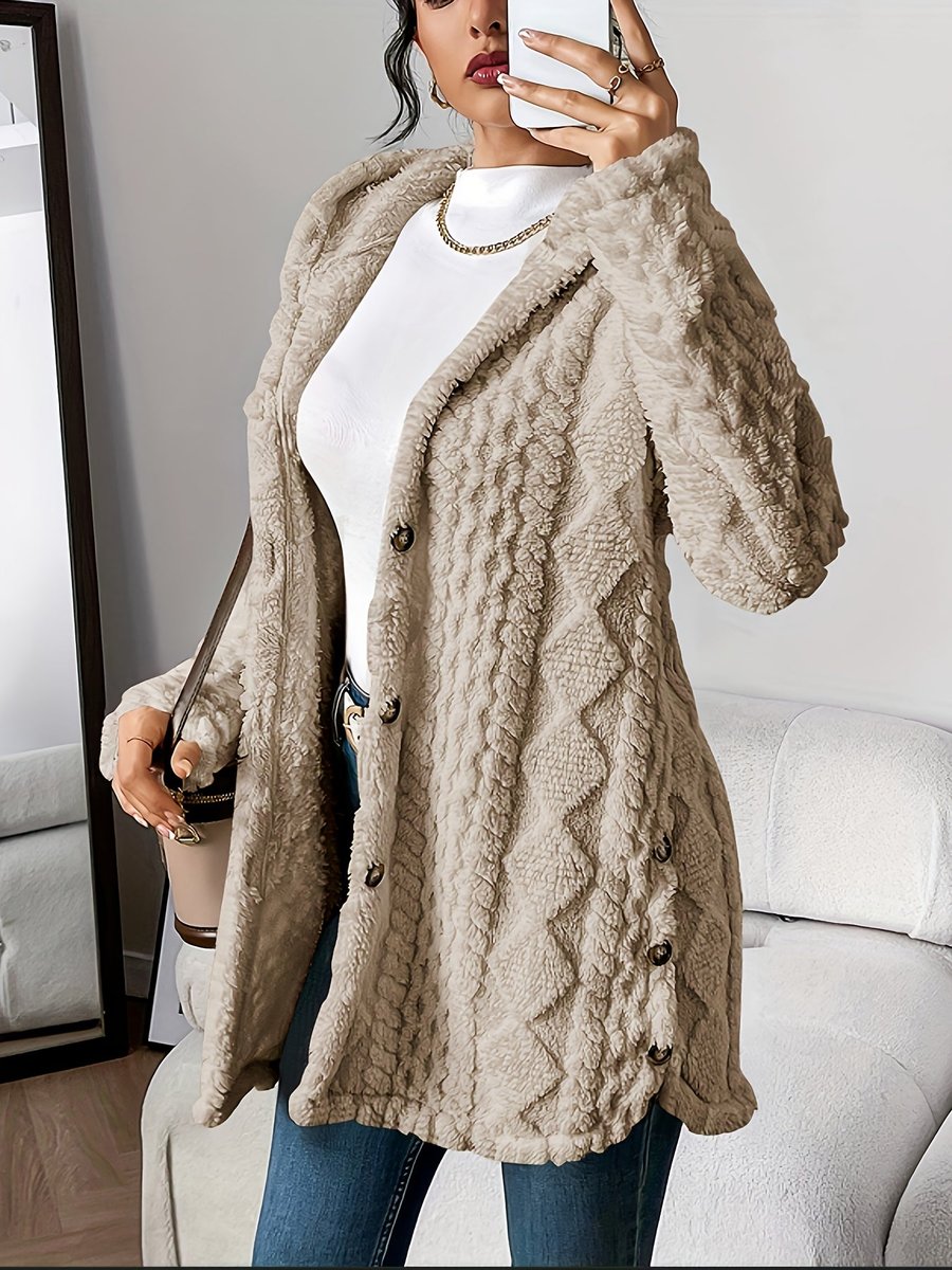 Hooded Cardigan Plush Fleece Cable Knit Button Up Oversized Cardigan Sweater | Lily