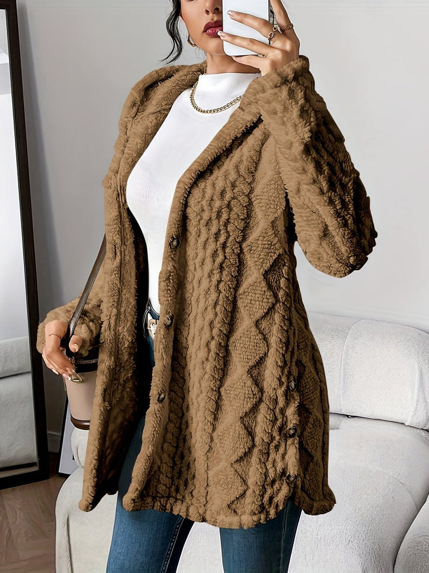 Lily | Women's Plush Hooded Button-Front Oversized Cardigan with Cable-Knit for Layering