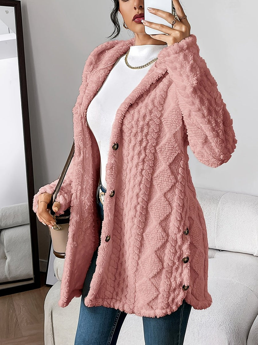 Lily | Women's Plush Hooded Button-Front Oversized Cardigan with Cable-Knit for Layering